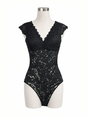 Polly & Esther Black Lace Bodysuit | Scalloped Deep V | NWT